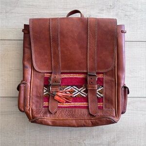 Handmade Moroccan Kilim Leather Backpack Boho Tribal Rucksack Vintage Style